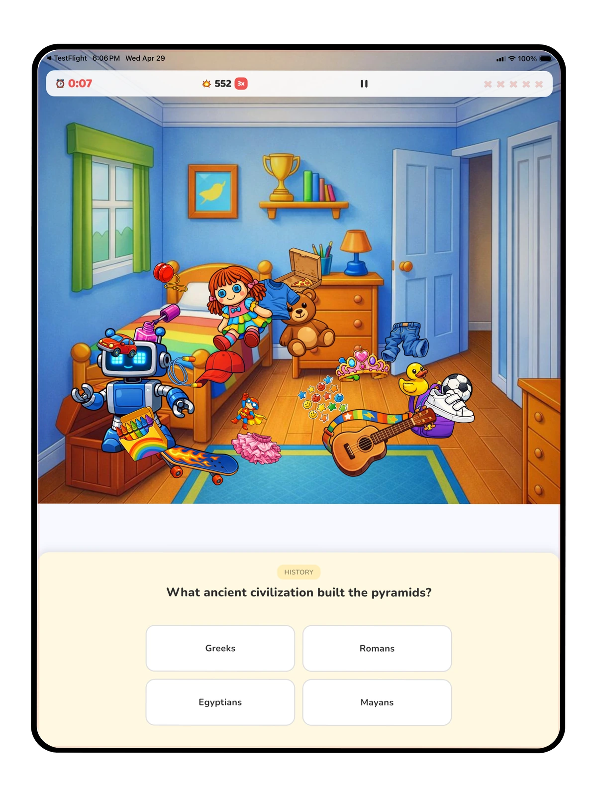 Clean Up Your Room…NOT! trivia gameplay on iPad