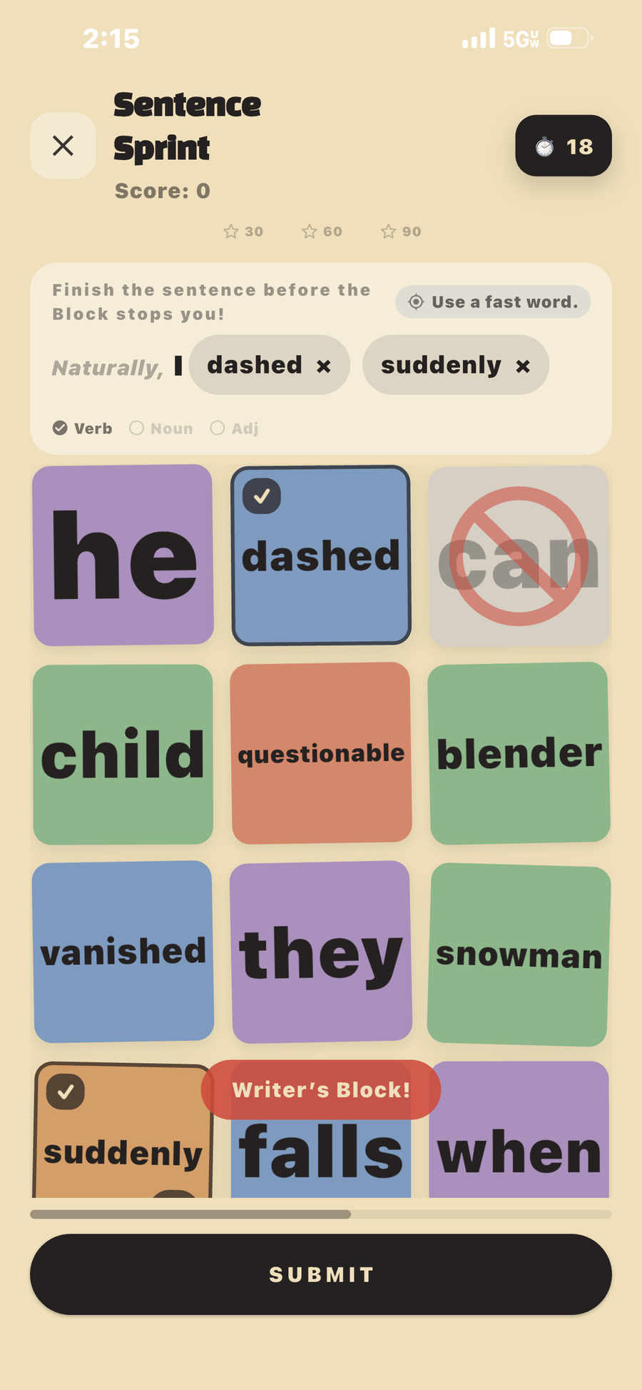 Writer’s Block Sentence Sprint gameplay screen